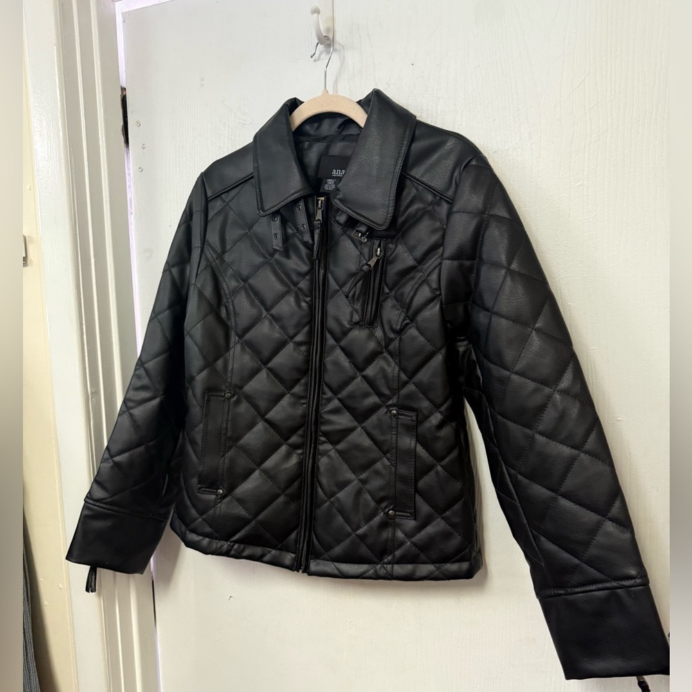 A.N.A Quilted Black Faux Leather Moto Jacket Zip Up Women’s Capsule Office Small - Picture 3 of 9